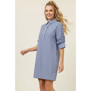 Blue Striped Pleated Sleeve Mini Dress 7062