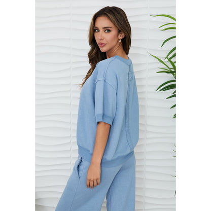 Milio Milano Reverse Stitch Short Sleeve Sweater – Denim Blue