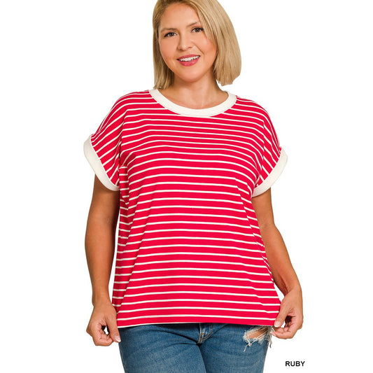 Zenana - Contrast Trim, Cap Sleeve Stripe Top 3534 - Ruby
