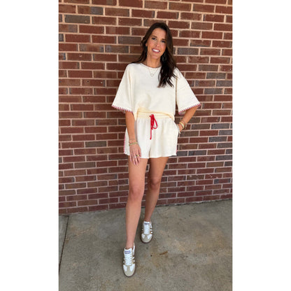 BL - Oversized Cropped Sweatshirt & Bow Tie Shorts Set 2917 - Cream/Red