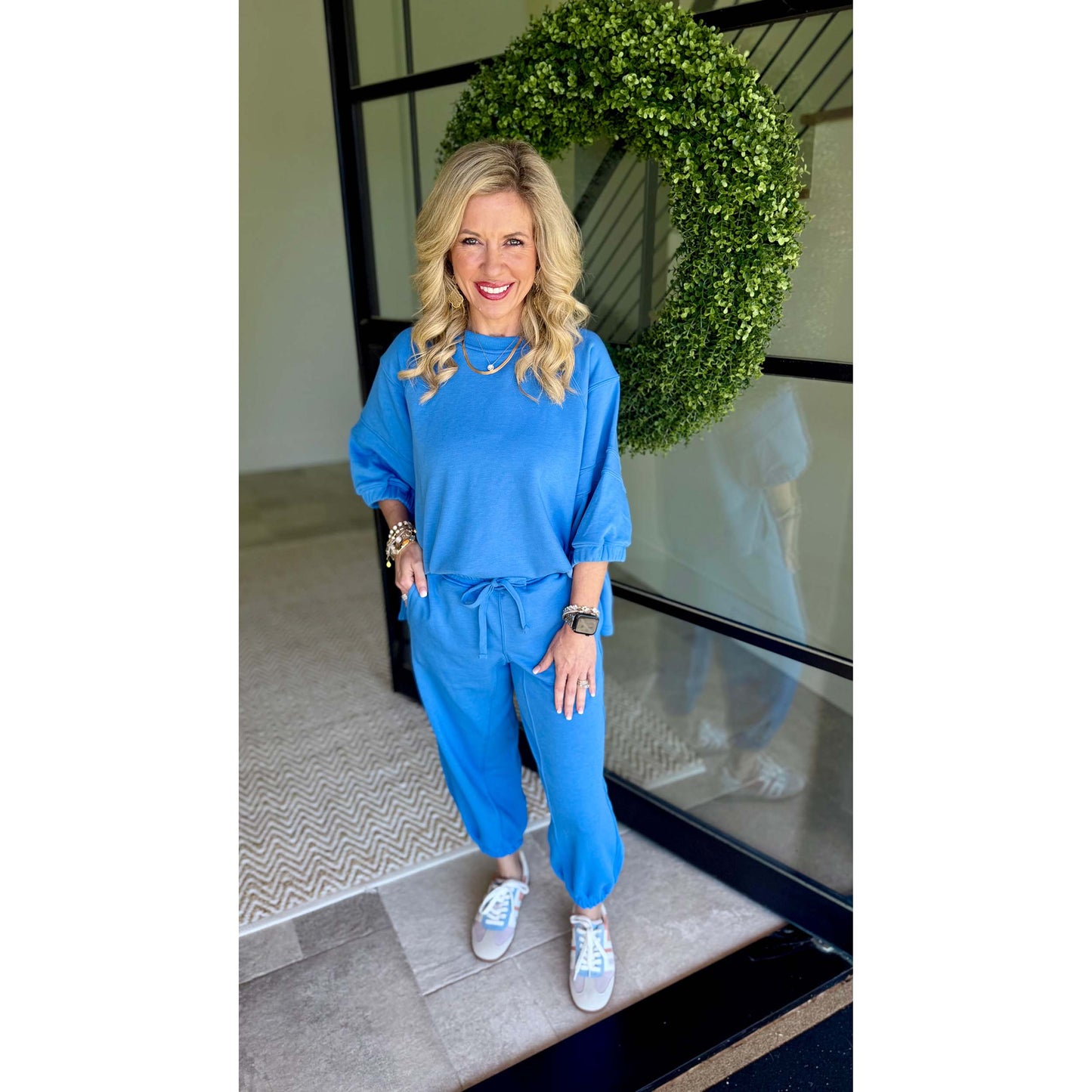 Rae Mode - French Terry Bubbled Half Sleeve Top & Cropped Jogger Pants Set 0111/6459 - Aqua Splash