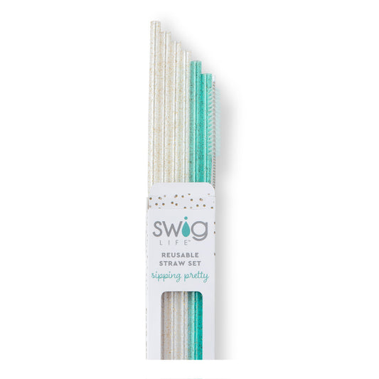 SWIG - Glitter Clear + Aqua Reusable Straw Set