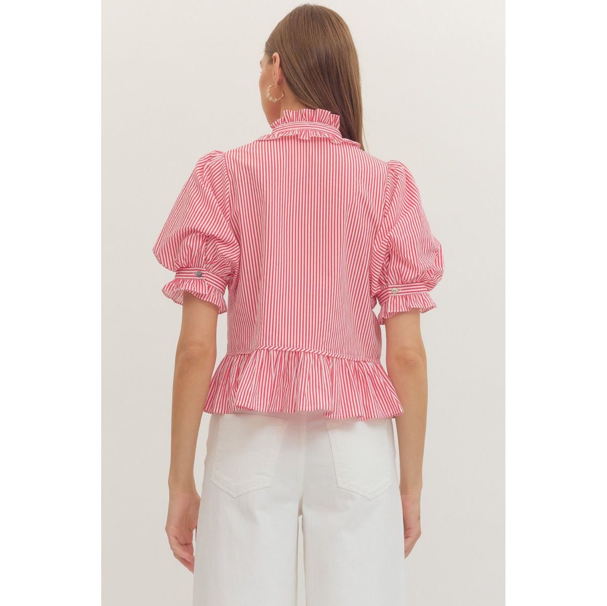 Red Stripe Ruffle Neck Puff Sleeve Top 1590
