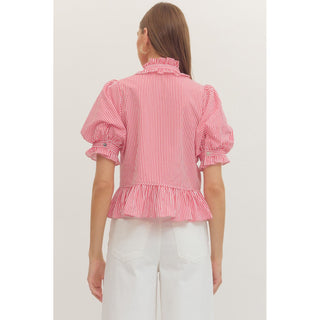 Red Stripe Ruffle Neck Puff Sleeve Top 1590