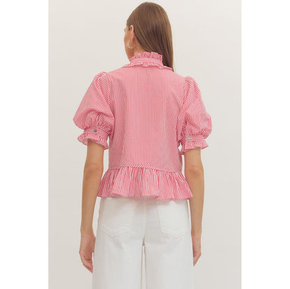 Red Stripe Ruffle Neck Puff Sleeve Top 1590
