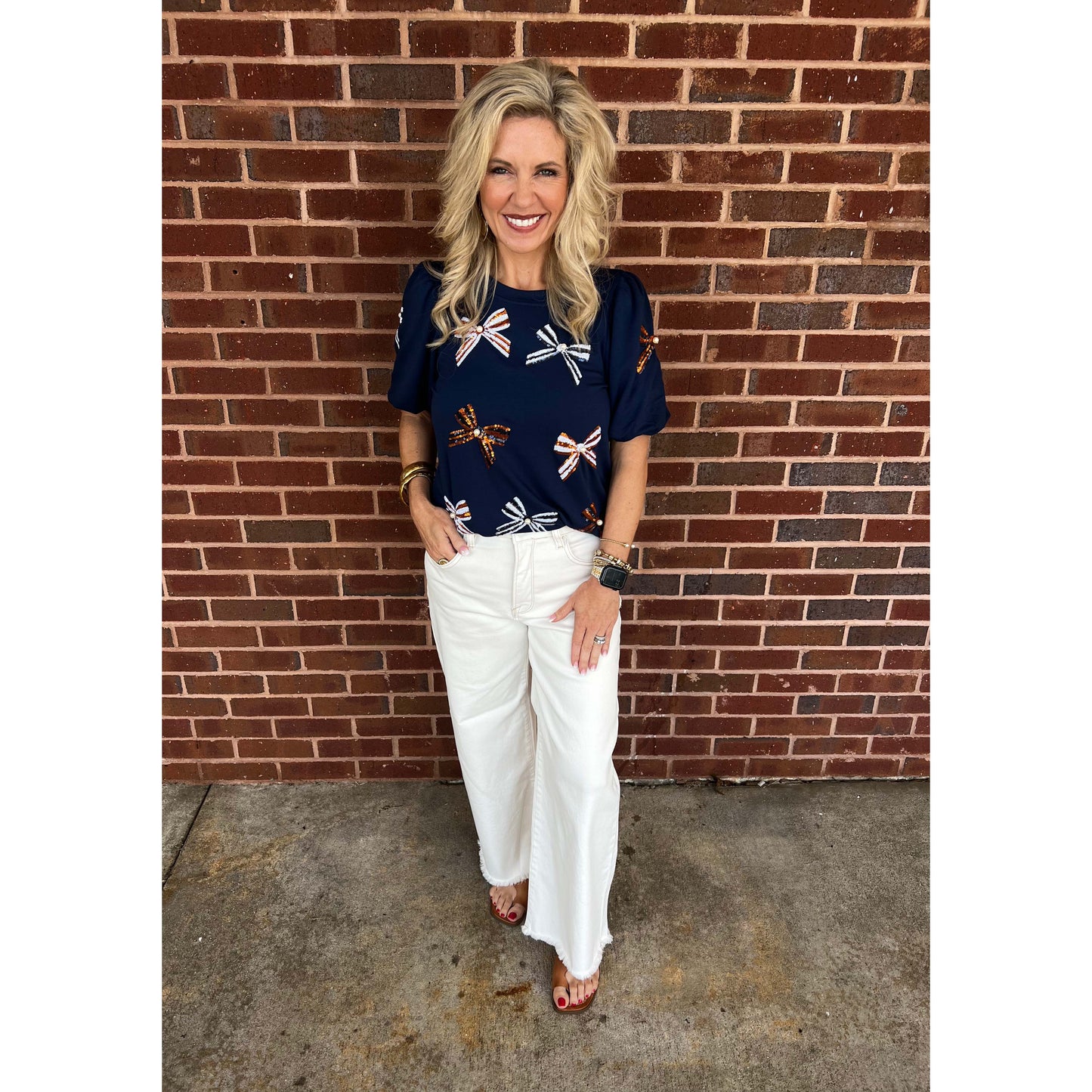 MS - Tina, Sequin Bow w Pearl Top 3111 - Navy / Orange