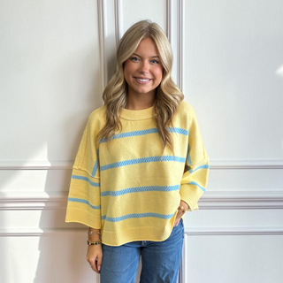 Softest Luxe Striped Crew Sweater Top 0107 - Lemon/LT Blue