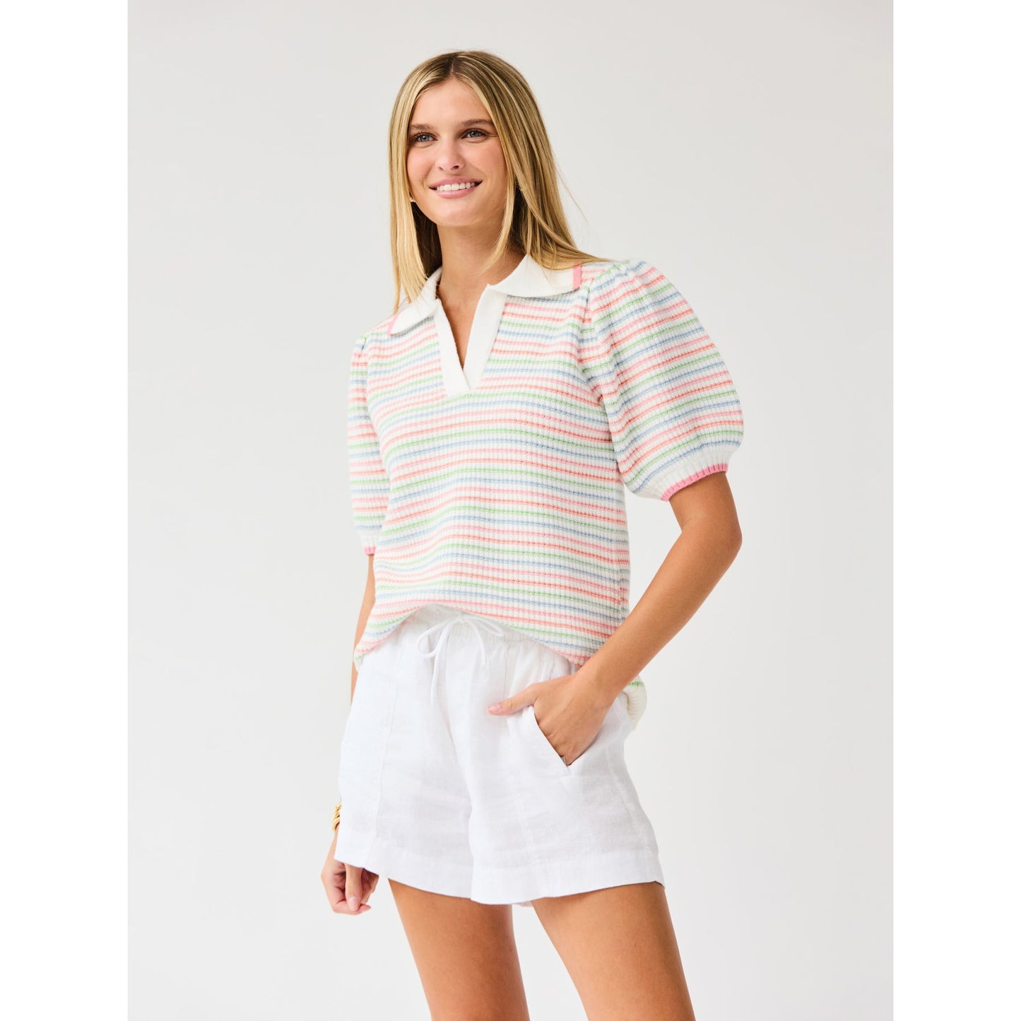 Emma Collared Puff Sleeve Sweater – Ivory Multi Stripe - SALE was $74.95