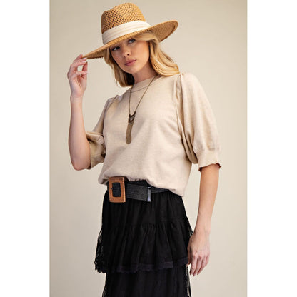 Short Puff Sleeve Knit Sweater Top 9799 - Oatmeal