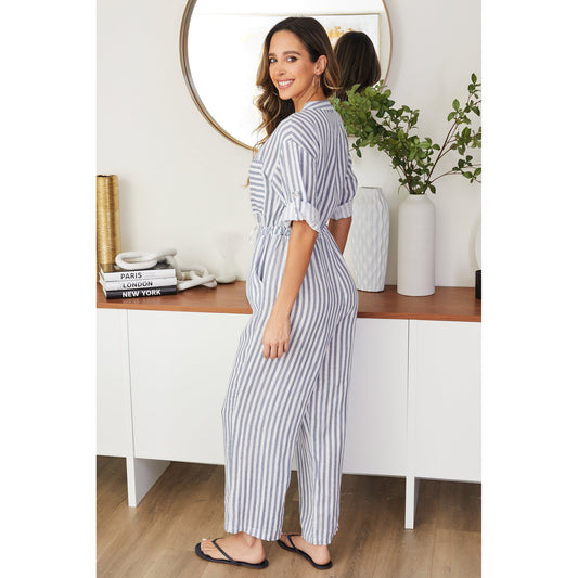 Milio Milano - Pinstripe, Madeira Collar Jumpsuit w Drawstring 4104 - White/Navy