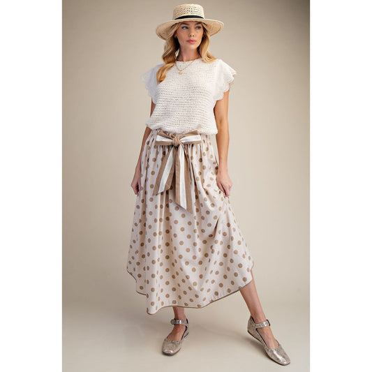 Neutral Polka Dot Linen Tie-Waist Maxi Skirt - 0224