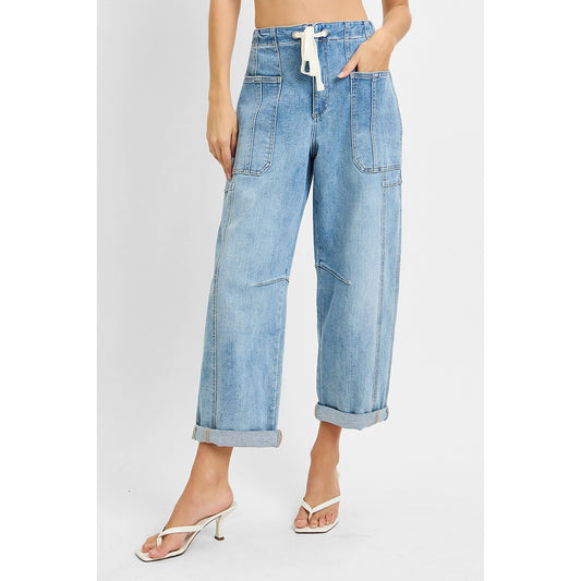 Risen - High Rise Crop Wide Barrel Cargo Pocket Jeans 1142 - Light