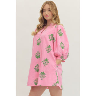 Entro - Embroidered, ¾, Puff Sleeve, Mini Dress 0226 - Pink