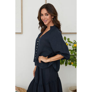 Milio Milano Linen Balloon Sleeve V-Neck Top – Navy