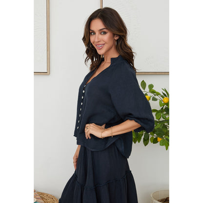 Milio Milano Linen Balloon Sleeve V-Neck Top – Navy