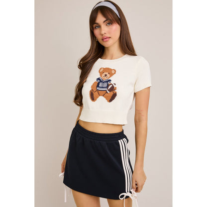 LL - Short Sleeve, Crew Neck, Teddy Bear Sweater Top 5170 - White / Navy