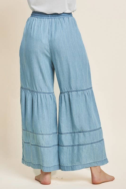Washed Denim Tiered Wide Leg Pants 7002 - Light Denim