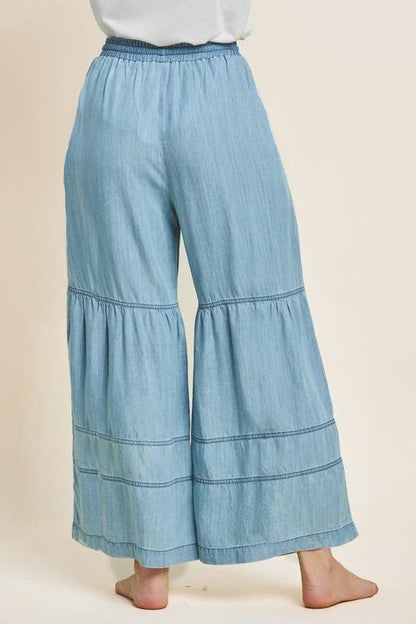 Washed Denim Tiered Wide Leg Pants 7002 - Light Denim