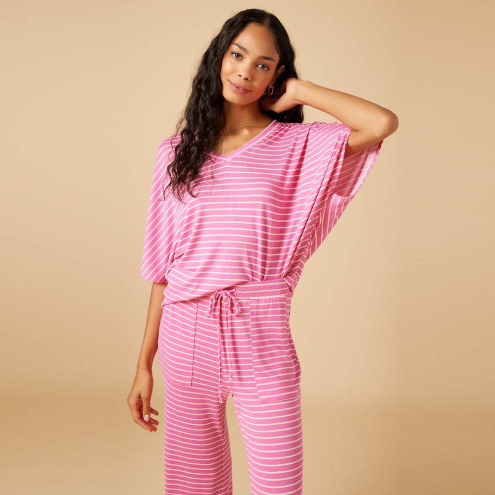 Softies - Fuchsia Striped, Dream Relaxed V-neck with Capri Lounge Set
