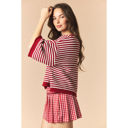 Striped Half Sleeve Oversize Cardigan - Crimson / Off White
