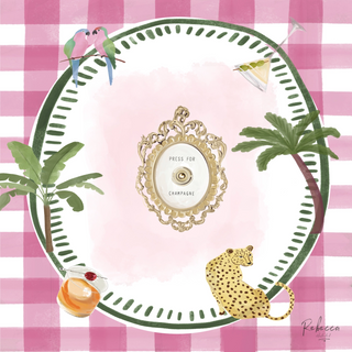 Decorative plate with palm trees, a leopard, and a cocktail on a pink checkered background