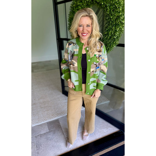Queen of Sparkles - Camo Flying Ducks Button-Up Cardigan - Green