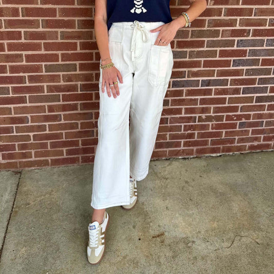 Risen - High Rise, Crop, Wide Barrel Cargo, Pocket Pants w Cuff 1142 - Cream