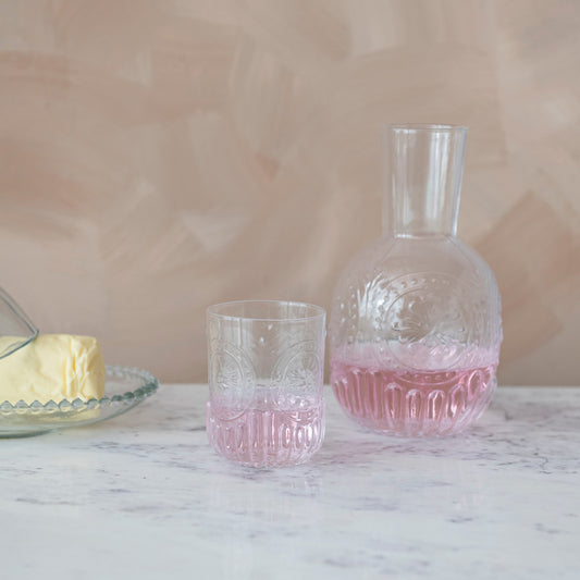 CC - 28 oz. Embossed Glass Carafe w/ 8 oz. Embossed Drinking Glass, Set of 2