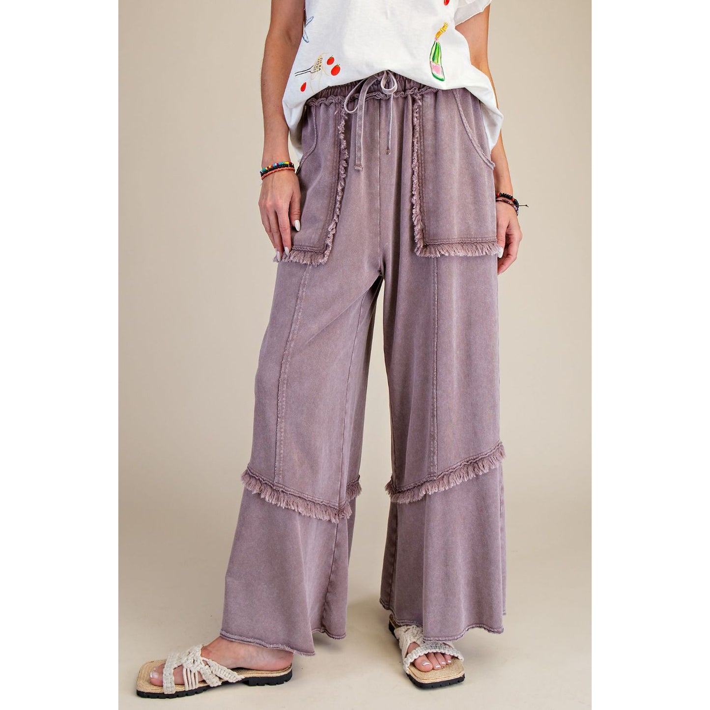 Easel - Wide Leg, Mineral Washed, Terry Pants 7698 - Mocha