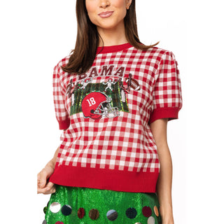 Queen of Sparkles - Licensed Alabama Gingham Football Sweater - Crimson - SALE