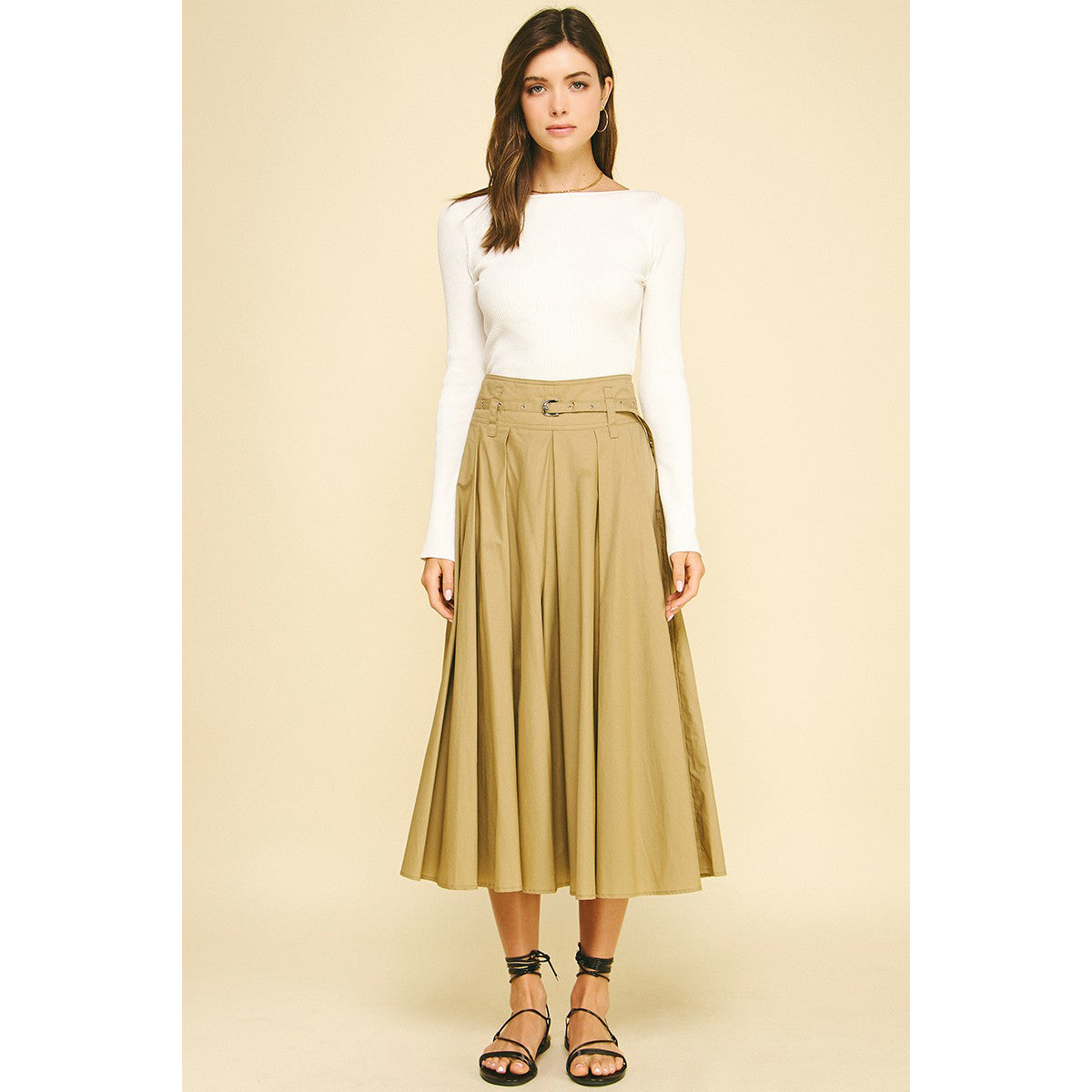 Pinch -  Pleated A-line Midi Skirt With Belt 6413 - Khaki