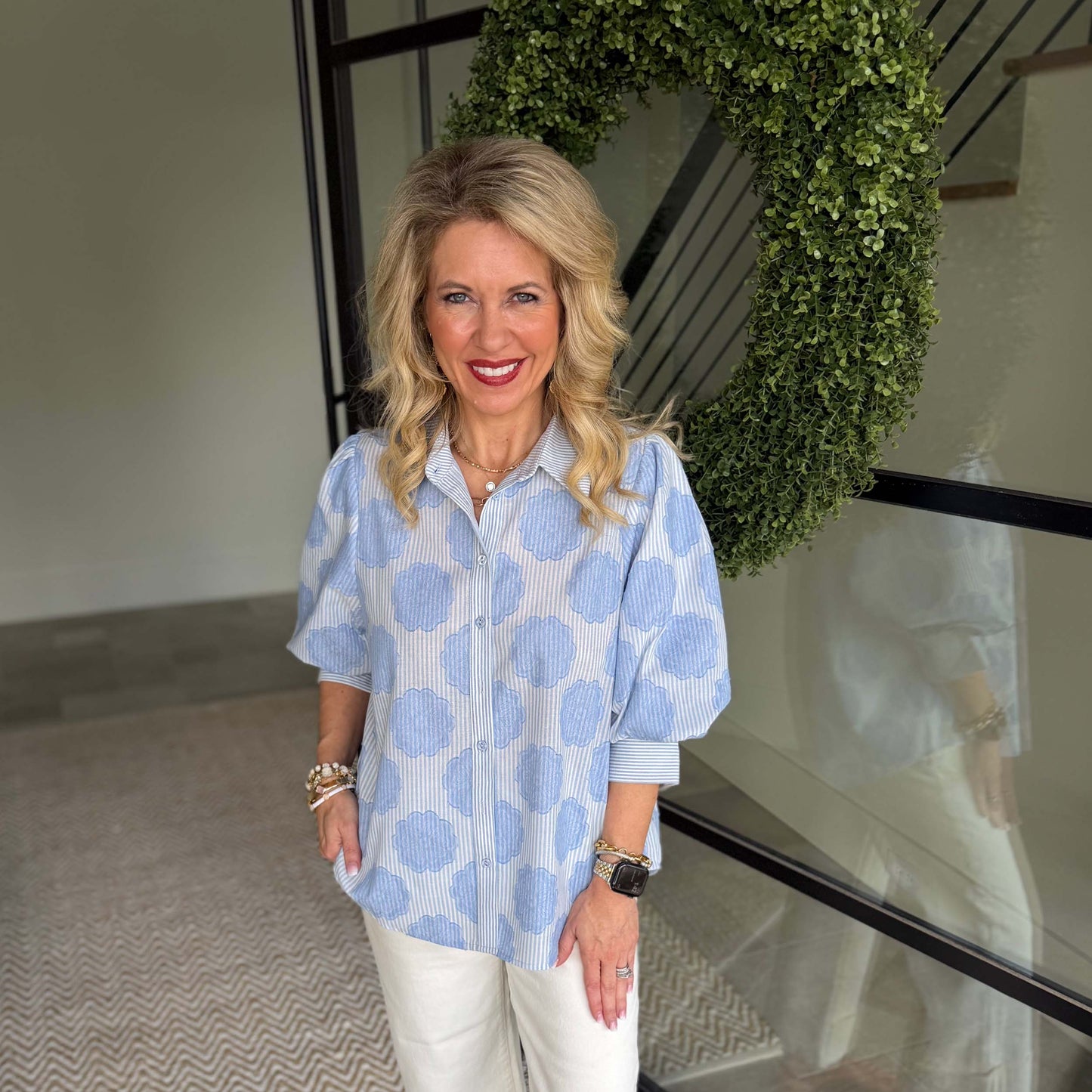 Easel - Striped, ¾ Bubble Sleeve, Button Down Top 1923 - Blue
