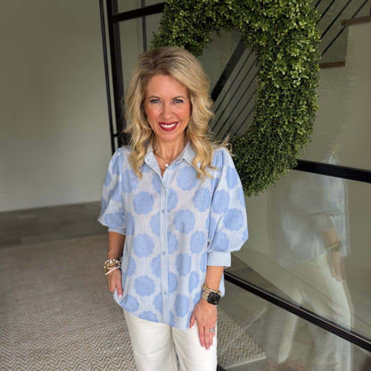Easel - Striped, ¾ Bubble Sleeve, Button Down Top 1923 - Blue