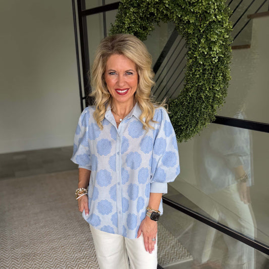 Easel - Striped, ¾ Bubble Sleeve, Button Down Top 1923 - Blue