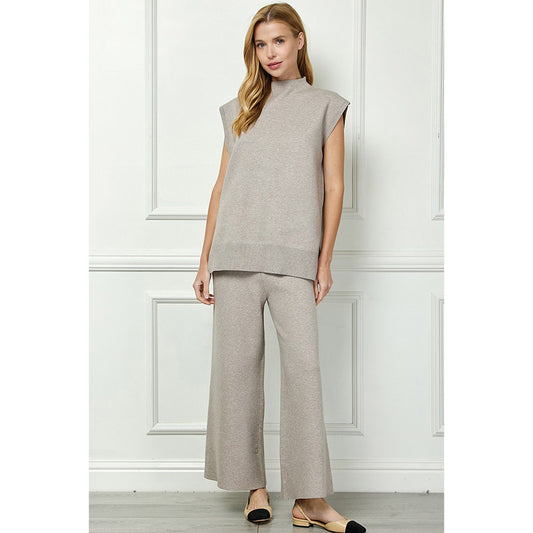 SAB -Sleeveless Sweater Top, LS Cardigan & Cropped Wide Leg Pants Set 6892 / 6891 / 7236 - Mocha-