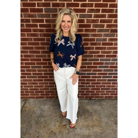 MS - Tina, Sequin Bow w Pearl Top 3111 - Navy / Orange - SALE