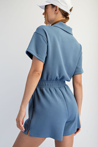 Rae Mode - Modal Scuba, Quarter Zip, Short Sleeve Romper 5113 - Paradise Blue