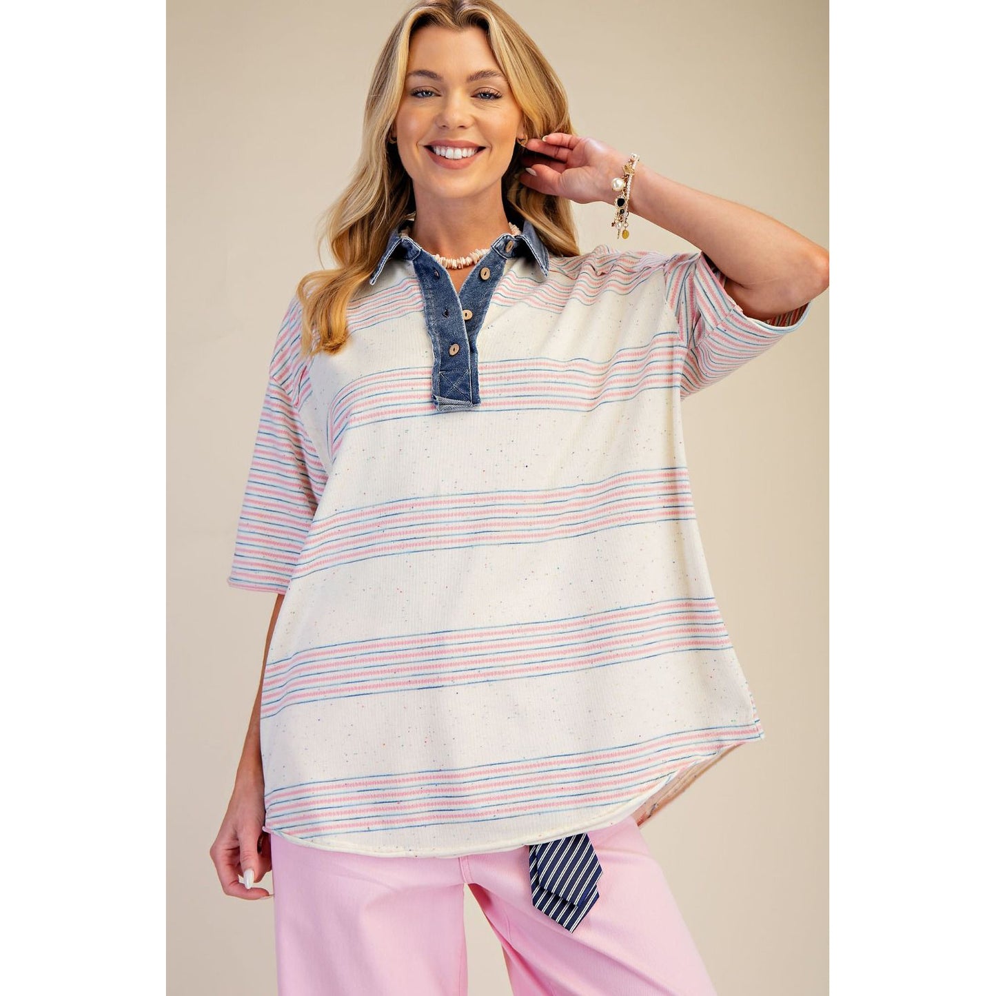 The Coastal Stripe Detail Top 1938 - Pink