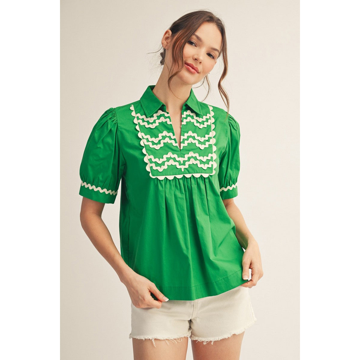JL - Short Sleeve, Ric-Rac Trim Top 5364 - Kelly Green