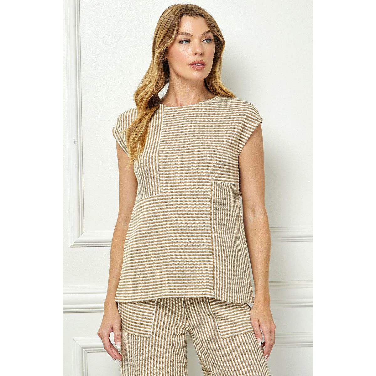 SAS - Drop Shoulder, Striped Top & Cropped Pants Set 3951 / 7345 - Khaki/Cream.