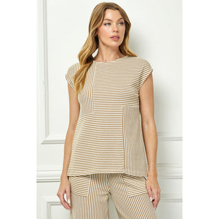 SAS - Drop Shoulder, Striped Top & Cropped Pants Set 3951 / 7345 - Khaki/Cream.