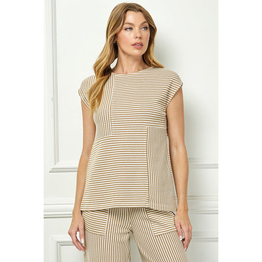 SAS - Drop Shoulder, Striped Top & Cropped Pants Set 3951 / 7345 - Khaki/Cream.