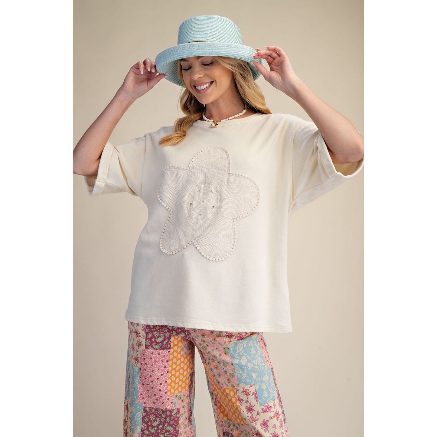 Ivory Floral Patch Washed Terry Top 9025