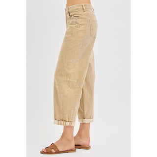 Risen - High Rise Crop, Barrel Corduroy Pants 1167 - Tan