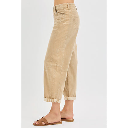 Risen - High Rise Crop, Barrel Corduroy Pants 1167 - Tan