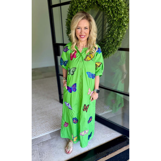 Queen of Sparkles - Multi Butterfly Button Up Cotton Midi Dress - Green