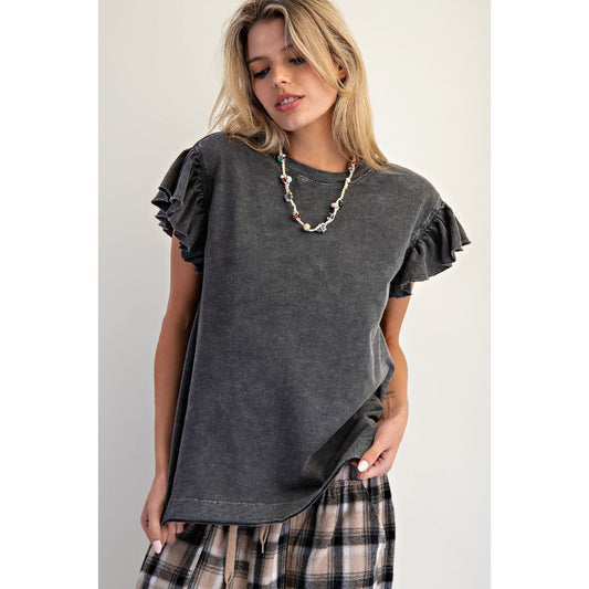 Easel - Wing Sleeve, Mineral Washed Top w Raw Edges 1431 - Black