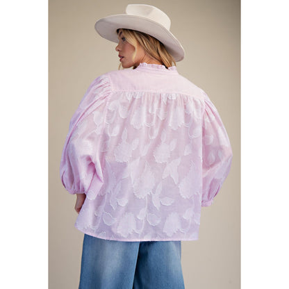 Easel - Striped, Floral Textured, ¾ Bubble Sleeve Top 1919 - Pink