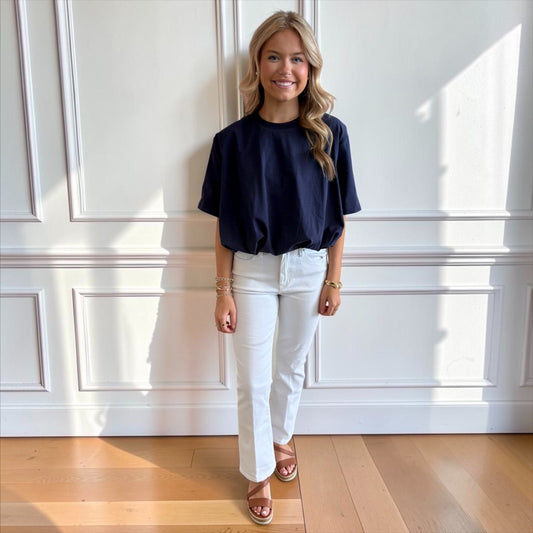 Cropped Bubble Hem T-Shirt Top – Navy