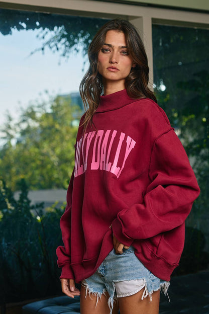 Dilly Dally Graphic Sweatshirt – Oversized Burgundy Pullover 2594. - Burgundy - SALE